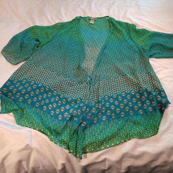 Catherine's Sheer S/S Open Front Kimono Blouse  3X 26-28 WP Geometric Print - Picture 1 of 11